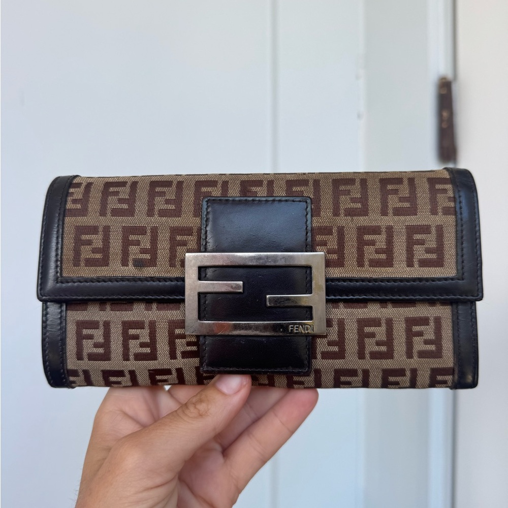 Fendi Brown Monogram Canvas Continental Wallet with Black Leather Trim